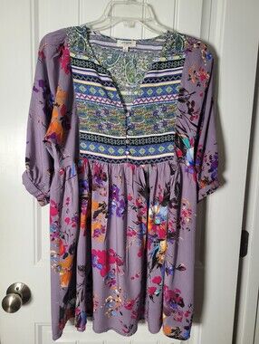 Umgee Lavender baby doll Floral Midi Dress with Multicolor Yoke